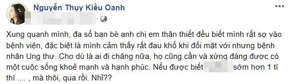 Cập nhật dòng trạng thái gần đây nhất trên trang cá nhân, có thể thấy cho đến tận bây giờ, Kiều Oanh - vợ cố nghệ sĩ Duy Nhân dường như vẫn chưa thể quên được quá khứ mà chồng mình đã kiên cường chiến đấu với bệnh tật.    