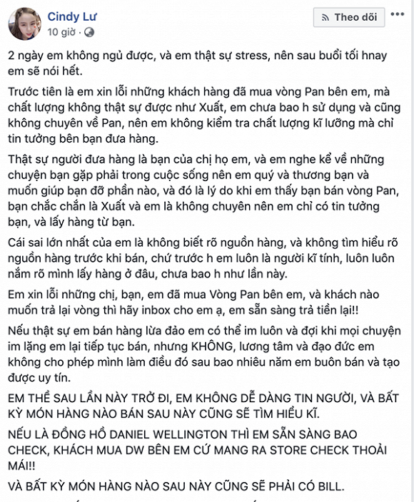 Nguyên văn dòng trạng thái được Bảo Ngọc chia sẻ trên trang cá nhân.