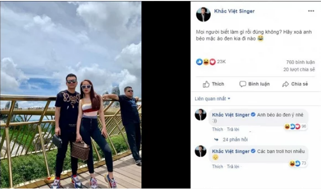 Khắc Việt lên tiếng nhờ dân mạng xóa ảnh anh béo áo đen phía sau hai vợ chồng.