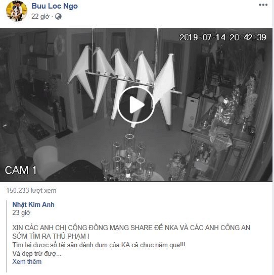 Chồng cũ chia sẻ clip nhà Nhật Kim Anh bị trộm đột nhập trên trang cá nhân.  