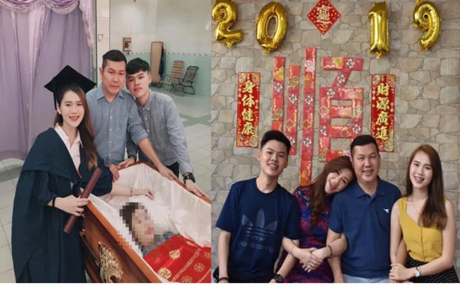 Cô nữ sinh chụp hình bên người mẹ vừa khuất. 