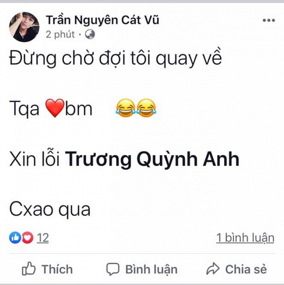 Chia sẻ khó hiểu của Tim vào lúc 1 giờ sáng liên quan đến Trương Quỳnh Anh.  