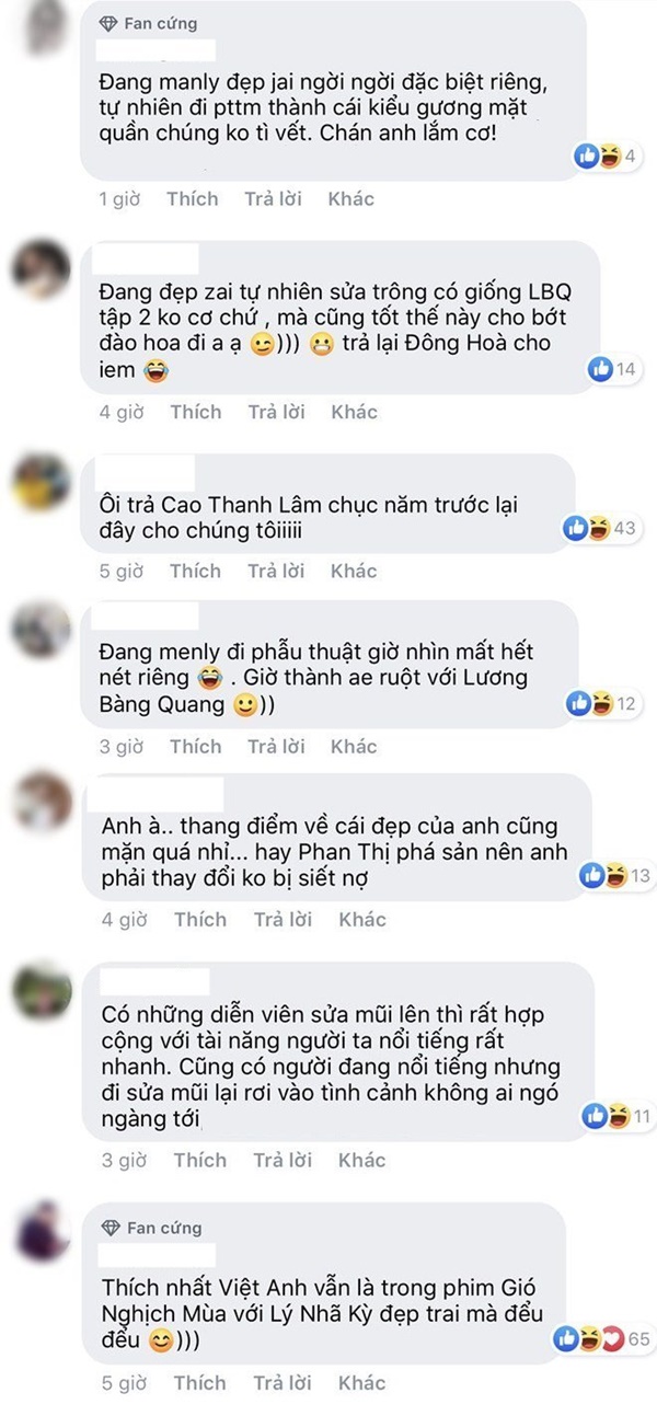 Nhiều người thấy tiếc cho nam diễn viên vì cho rằng trước kia anh đã đẹp trai, nay sửa mặt làm mất nét riêng.