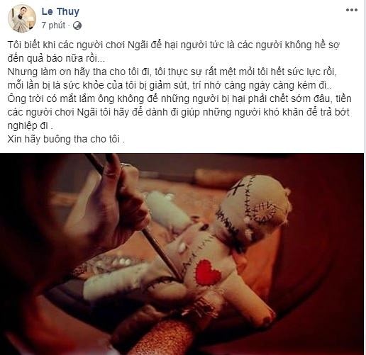 Lê Thúy mới đây vừa khiến cộng đồng mạng vô cùng hoang mang khi tiết lộ chuyện bị kẻ xấu chơi ngải: 