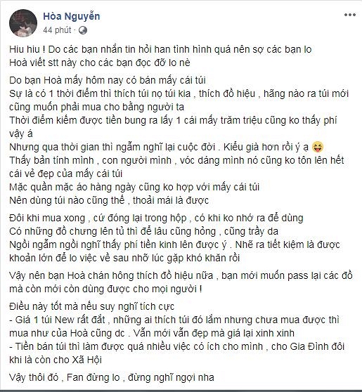 Nguyên văn dòng trạng thái được Hòa Minzy chia sẻ.