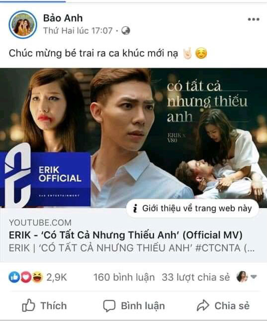 Bảo Thanh chia sẻ dòng trạng thái chúc mừng Erik cho ra mắt sản phẩm mới.