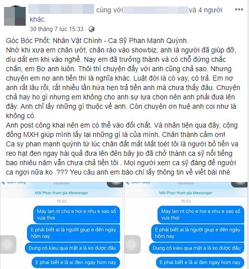 Bài đăng đàn tố Phan Mạnh Quỳnh quỵt nợ, vô ơn.