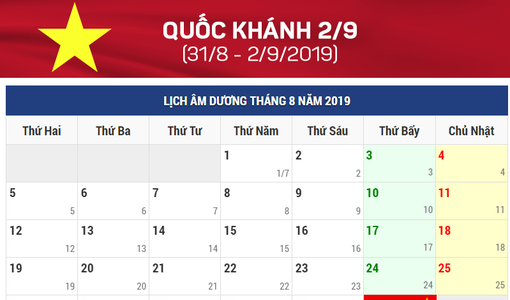 Lịch nghỉ lễ Quốc khánh 2/9/2019