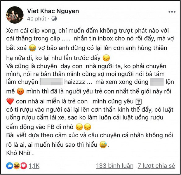 Dòng trạng thái Khắc Việt chia sẻ trước đó nhằm chê trách hành động của Kin Nguyễn.