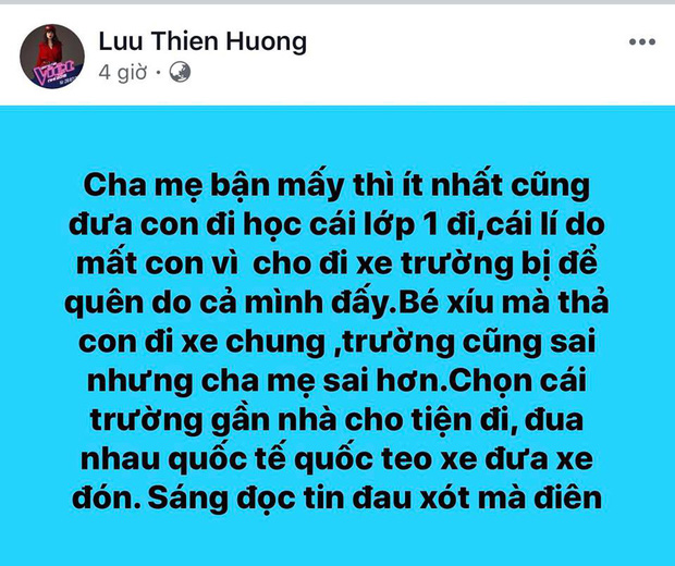 Cụ thể, trên trang cá nhân, Lưu Thiên Hương đã bày tỏ quan điểm cá nhân của mình về sự việc đáng tiếc của em bé 6 tuổi. Theo đó, cô cho biết không chỉ nhà trường mà cha mẹ của em cũng là người có lỗi trong sự việc trên. Ngay sau khi dòng trạng thái này được chia sẻ, rất nhiều ý kiến trái chiều đã nổ ra. Ngay lập tức cộng đồng mạng đồng loạt lên tiếng chỉ trích nữ nhã sĩ nặng nề trước những phát ngôn gây sốc của mình.