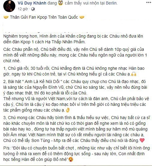 Vũ Duy Khánh đáp trả fan Kpop về 