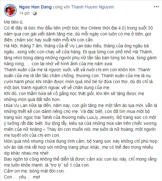 Ngọc Hân gửi tâm thư xúc động cho mẹ nhân ngày Vu Lan.