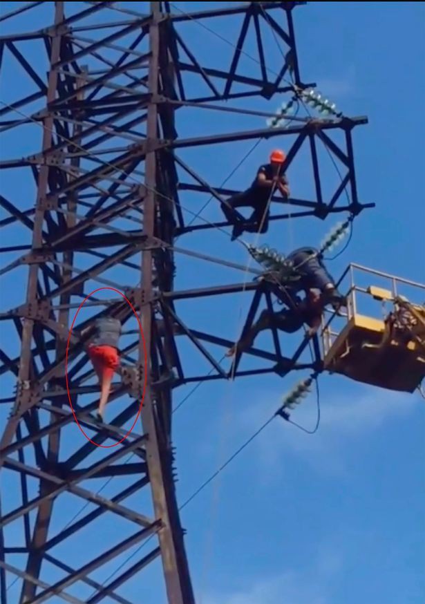 Hình ảnh thiếu niên leo lên cột điện cao thế để chụp ảnh.