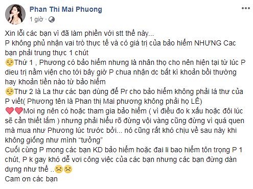 Nguyên văn dòng trạng thái được nữ diễn viên Mai Phương chia sẻ trên trang cá nhân.