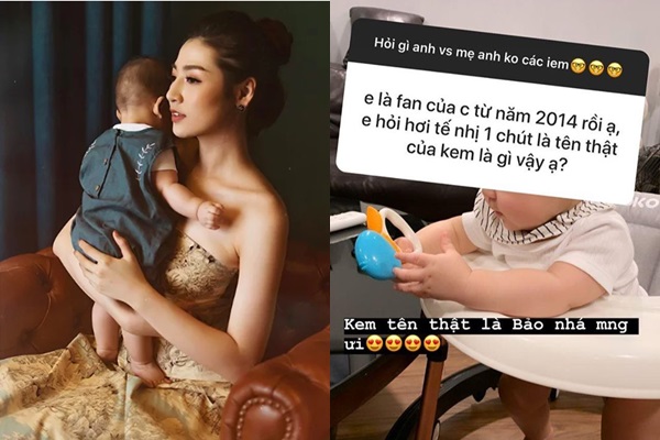 Mới đây có màn hỏi đáp giao lưu với cộng đồng mạng trên instagram cá nhân, Tú Anh đã có những chia sẻ về chuyện có em bé và cách chăm sóc con nhỏ tốt nhất. Đáng chú ý nhất, khi nhận được câu hỏi vô cùng riêng tư về tên thật của bé Kem - con trai Á hậu Tú Anh, người đẹp vô cùng thoải mái không hề có chút giấu giếm nào, cô trả lời: 
