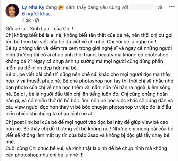 Nguyên văn dòng trạng thái được Lý Nhã Kỳ chia sẻ về bài viết chê bai mình.