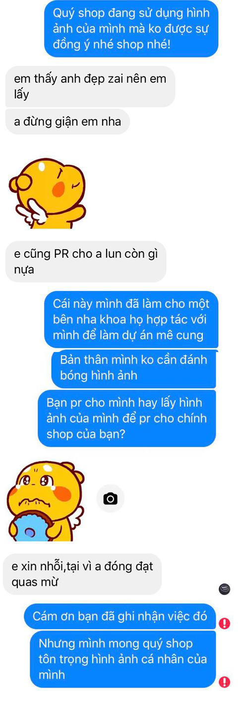  Sau khi phản hồi tới đơn vị ăn cắp hình ảnh, Doãn Quốc Đam bị chặn tin nhắn.   