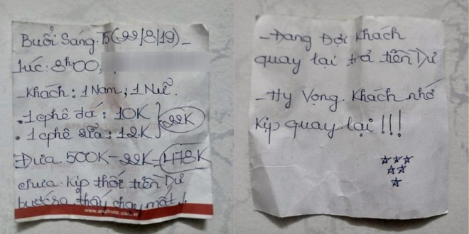 Mảnh giấy mà chị chủ quán để lại.