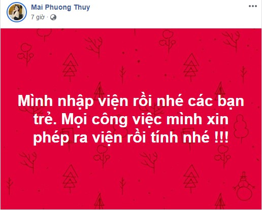 Đêm qua 30/8, Hoa hậu Mai Phương Thúy khiến người hâm mộ vô cùng lo lắng khi bất ngờ thông báo về việc phải nhập viện. Theo đó, nàng hậu đã đăng tải dòng trạng thái lên trang facebook cá nhân với nội dung: “Mình nhập viện rồi nhé các bạn trẻ. Mọi công việc mình xin phép ra viện rồi tính nhé!”.    