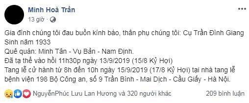 Dòng trạng thái đau buồn được nghệ sĩ Minh Hòa chia sẻ trên trang cá nhân. 