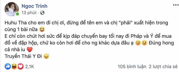 Ngọc Trinh đã có động thái đáp trả đàn chị trên trang cá nhân.