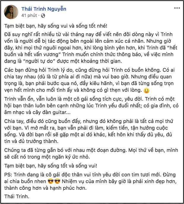 Nữ ca sĩ Thái Trinh đã gây bất ngờ khi cho biết đang độc thân, chính thức đường ai nấy đi với nam biên đạo Quang Đăng sau hơn 2 năm mặn nồng. Theo Thái Trinh, cô đã suy nghĩ rất nhiều từ vài tháng nay mới viết được những dòng chia sẻ với khán giả. Hiện tại, nữ ca sĩ đã nguôi ngoai mọi chuyện, cảm thấy hết buồn và hết vấn vương khi kết thúc một mối tình.