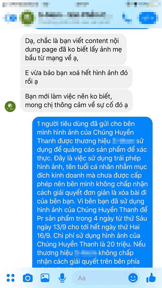 Quản lý của Chúng Huyền Thanh đề xuất phí sử dụng hình ảnh là 20 triệu, nếu không thỏa hiệp được sẽ nhờ pháp luật can thiệp.