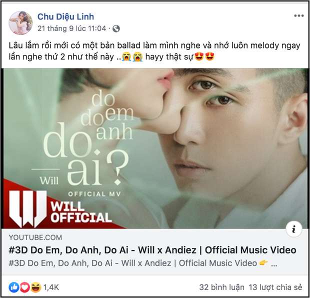 Trong khi đó vào tối 24/9, cô vẫn còn giữ lại chia sẻ MV mới của Will trên trang cá nhân, được đăng tải vào ngày 21/9.    