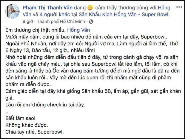 Ốc Thanh Vân là diễn viên của sân khấu nhiều năm nay nên cô không khỏi xót xa khi từ bây giờ SuperBowl sẽ không còn sáng đèn.    