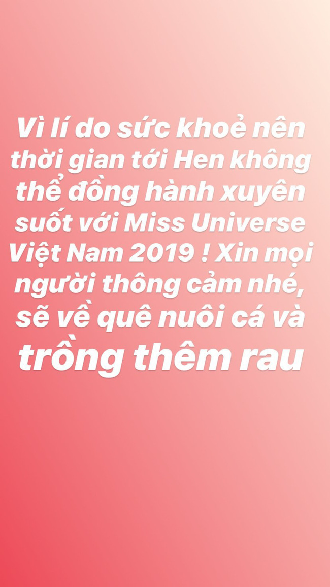 Hoa hậu H'Hen Niê bất ngờ đăng tải dòng tin thông báo về việc cô sẽ không tiếp tục đồng hành cùng cuộc thi Hoa hậu Hoàn vũ Việt Nam.  