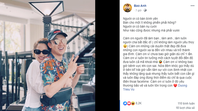 Trên trang cá nhân, Bảo Anh vừa đăng tải dòng trạng thái tiết lộ về mối quan hệ giữa cô và đàn anh Dương Triệu Vũ. Theo Bảo Anh chia sẻ, cô coi Dương Triệu Vũ như một người anh, một người thầy trong nghề mà còn là người bạn, người anh, người cha bất đắc dĩ của cô.