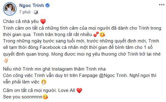 Vướng phải những ý kiến trái chiều, Ngọc Trinh đưa ra thông báo quyết định đóng facebook một thời gian.  