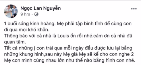 Nữ diễn viên Ngọc Lan đăng tải dòng trạng thái liên quan đến tình hình sức khỏe của con trai - bé Louis.