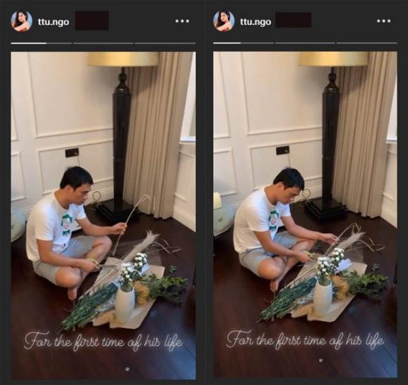 Lần đầu tiên trong đời, chồng Thanh Tú cắm hoa tặng vợ.