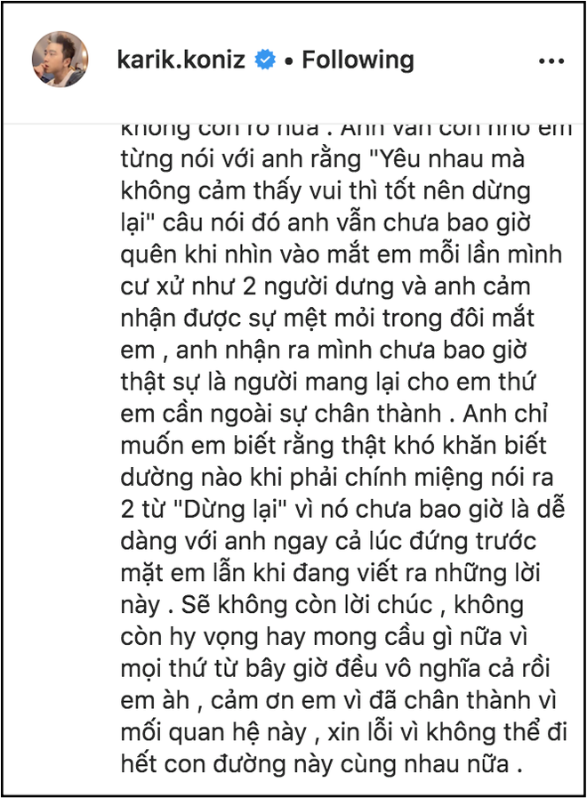 Tâm thư gửi người yêu cũ của Karik được đăng tải và xoá ngay trong đêm.    