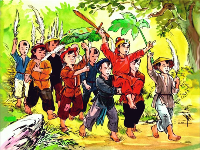 Tranh minh hoa vua Đinh Bộ Lĩnh chơi đánh trận giả