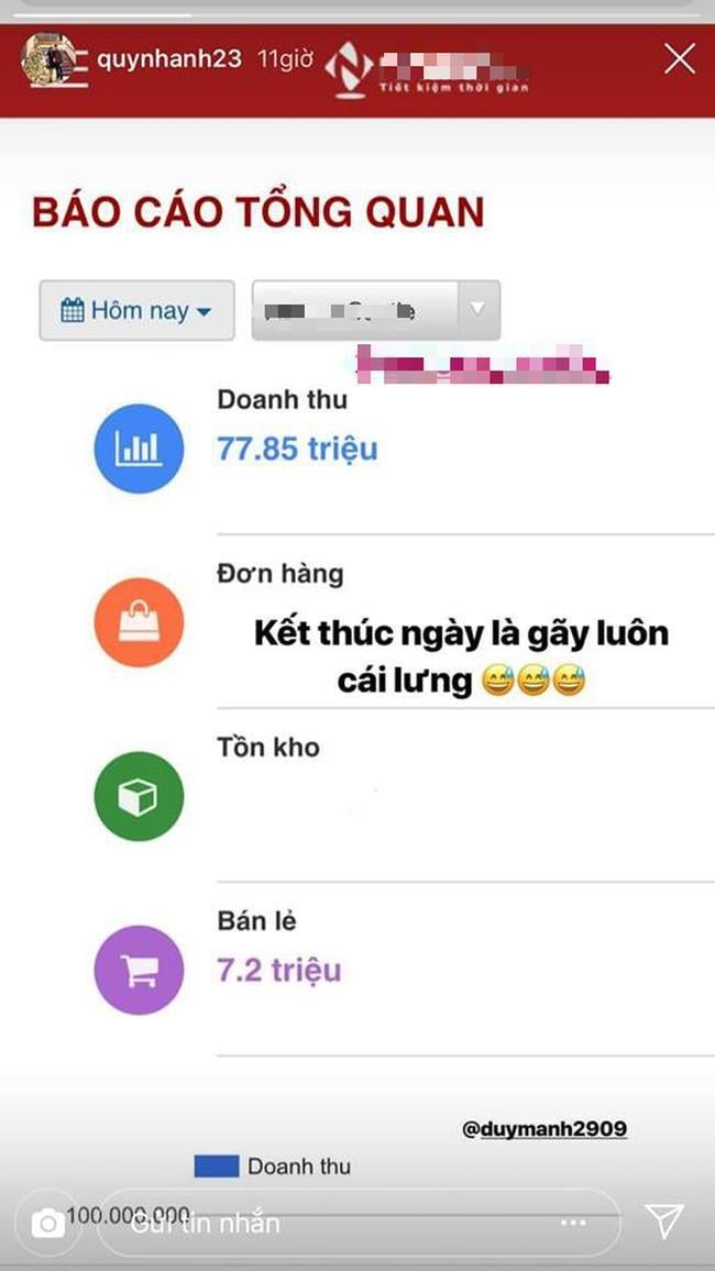 Quỳnh Anh khoe doanh thu từ cửa hàng của mình.
