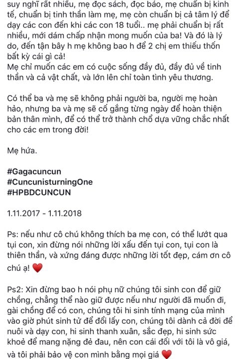 Nguyên văn dòng trạng thái được Bảo Ngọc chia sẻ trên trang cá nhân nhân dịp sinh nhật tròn 1 tuổi của bé Cún.