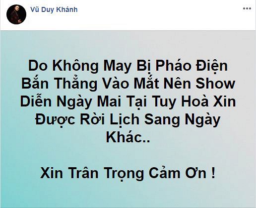 Ca sĩ Vũ Duy Khánh chia sẻ về sự cố bị pháo điện bắn thẳng vào mắt.