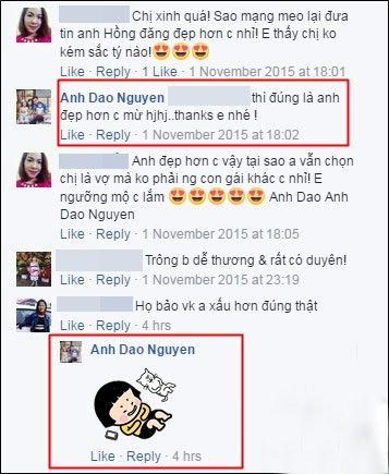  Cô thừa nhận rằng “Thì đúng là anh đẹp hơn chị mà” và tiếp tục để lại 1 icon “cười lăn lộn” phía dưới câu chê.    