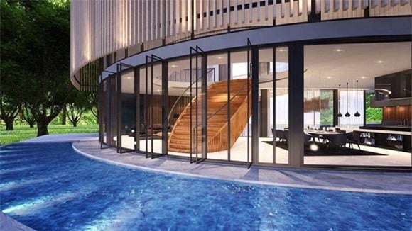 Căn biệt thự này có thiết kế vô cùng độc đáo bao gồm hồ bơi bao quanh, nằm giữa không gian vô cùng thoáng đãng.    