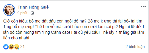 Mới công khai bạn trai sau 3 năm làm mẹ đơn thân, Hồng Quế đã ẩn ý: ''Lấy một thằng già lắm tiền cho nhanh''.  