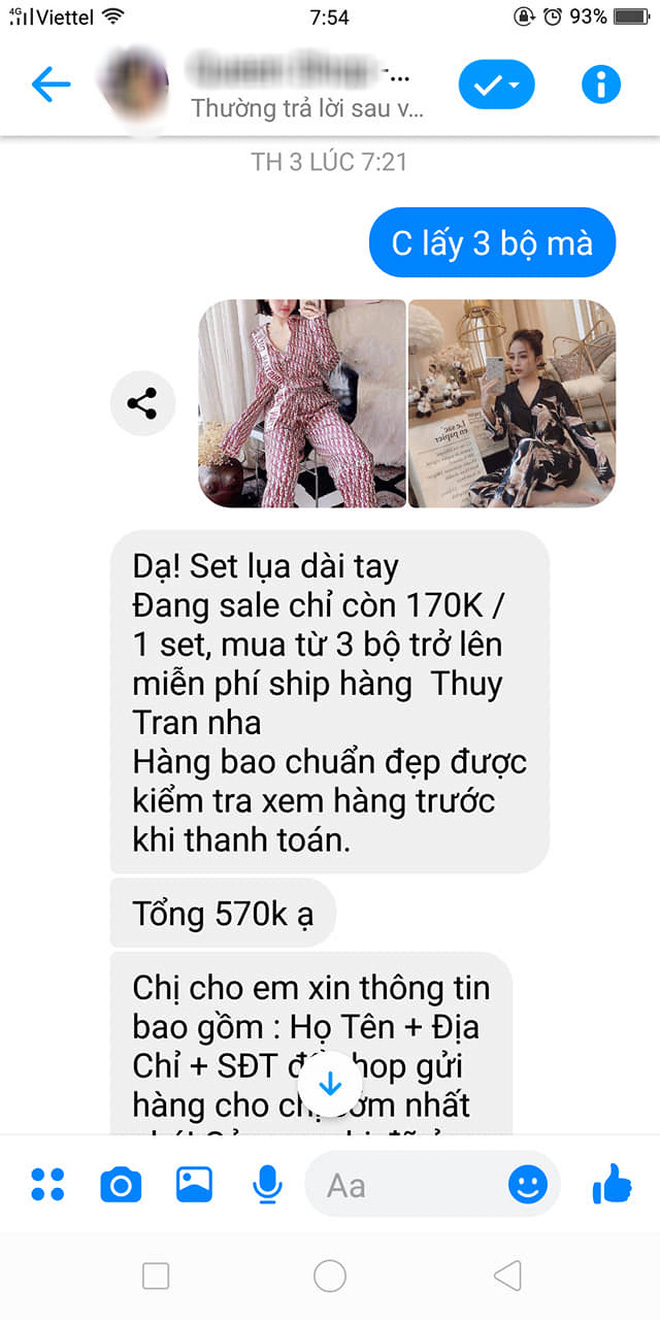 Cô gái đặt 3 bộ đồ với giá 510 nghìn.