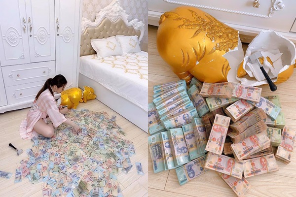 Hình ảnh cô gái đập lợn tiết kiệm với số tiền 