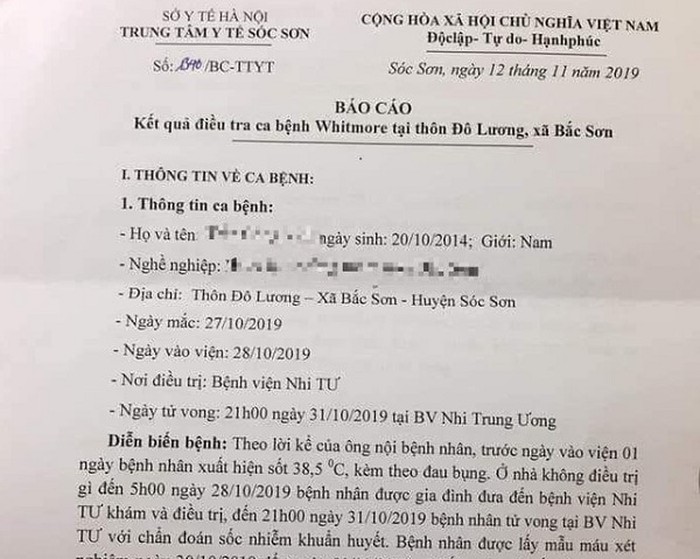 Báo cáo của Trung tâm Y tế Sóc Sơn về trường hợp bé trai sinh năm 2014 bị bệnh Whitemore.