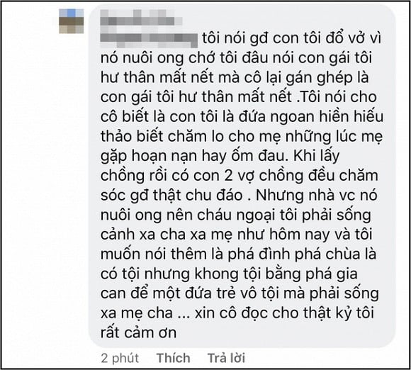 Đây là lời đính chính của mẹ Ngọc Lan sau phát ngôn gây ồn ào về vụ ly hôn của con gái. Sự việc bắt nguồn từ dòng bình luận mà mẹ Ngọc Lan để lại dưới hình ảnh được con rể cũ - Thanh Bình đăng tải trên trang cá nhân. Cụ thể, chồng cũ Ngọc Lan đã gửi lời cảm ơn đến mẹ vợ cũ vì đã luôn tin tưởng và ở bên cạnh anh. Đáp lại tình cảm của con rể cũ, mẹ Ngọc Lan đã để lại dòng bình luận thu hút sự tò mò của dư luận: 