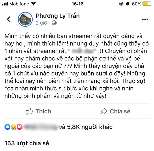 Phương Ly gây xôn xao với status búc xúc vì 1 streamer 