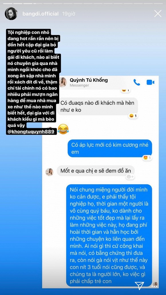Băng Di gửi tin nhắn khá dài động viên cô em thân thiết, không nên để tâm đến những lời bịa đặt thiếu căn cứ và chẳng chấp trẻ con.