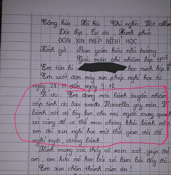 Lá đơn xin nghỉ ốm của nữ sinh đang gây xôn xao.