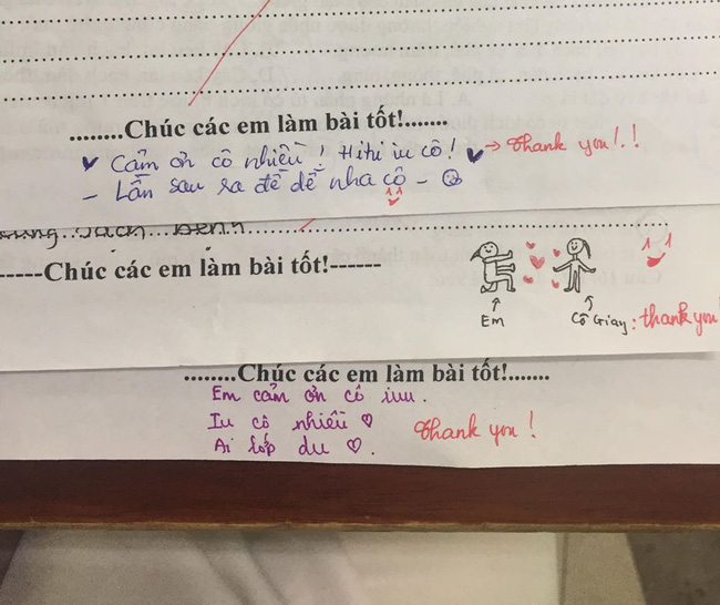 Học sinh thể hiện tình cảm với cô giáo ngay trong bài thi.  